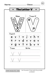 Tracing the Letter V Worksheets - English as a Second Language