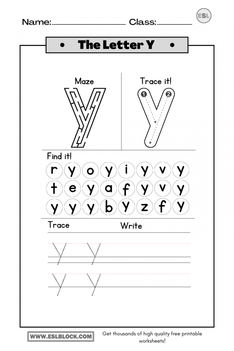 Tracing the Letter Y Worksheets - English as a Second Language