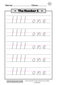 Tracing Number 1 Worksheets - English as a Second Language