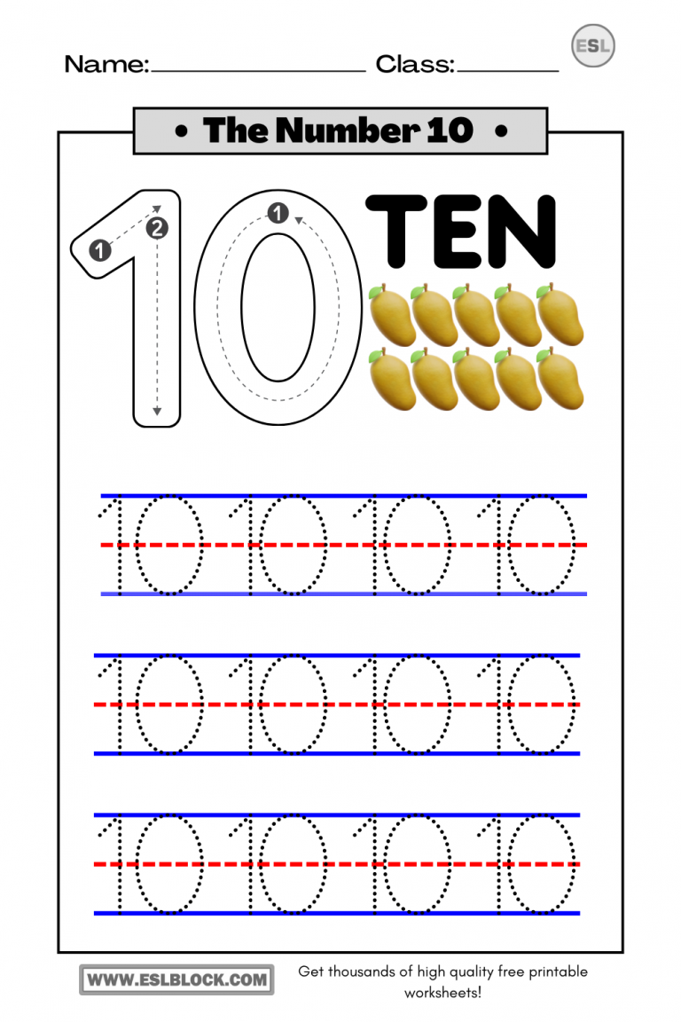 Tracing Number 10 Worksheets - English as a Second Language