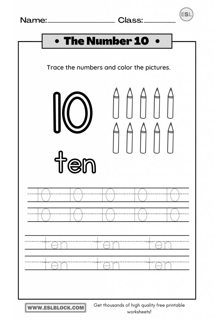 Tracing Number 10 Worksheets English as a Second Language