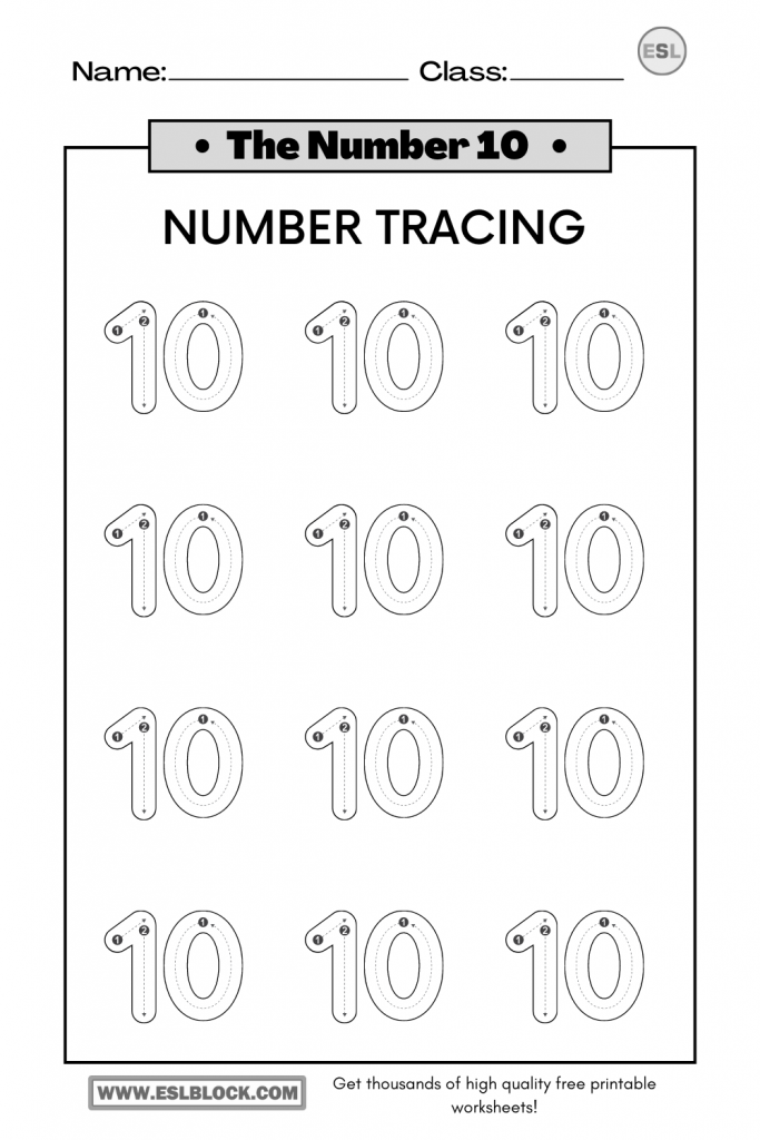 Tracing Number 10 Worksheets English as a Second Language