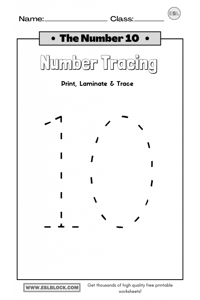 Tracing Number 10 Worksheets English as a Second Language