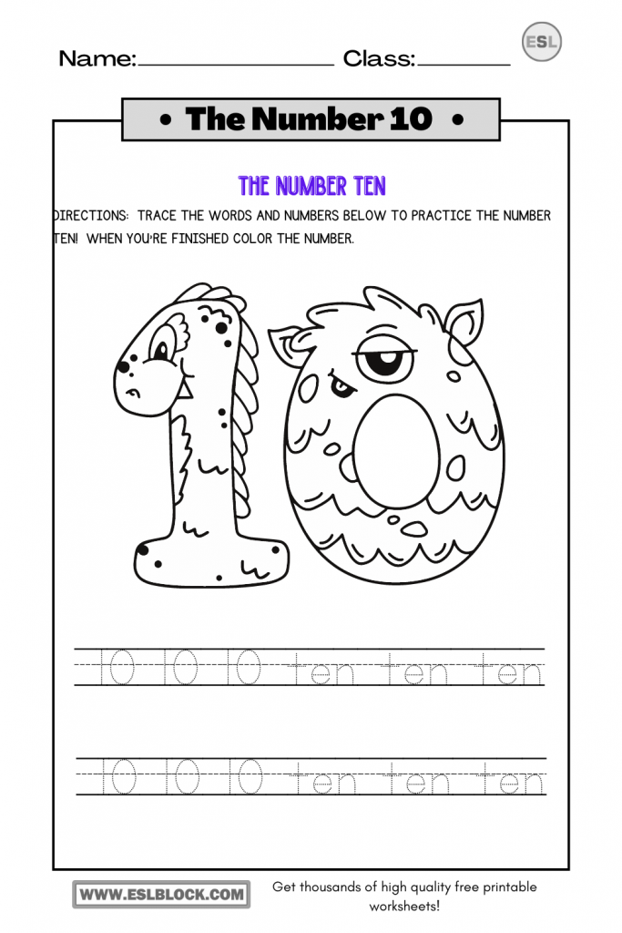 Tracing Number 10 Worksheets English as a Second Language