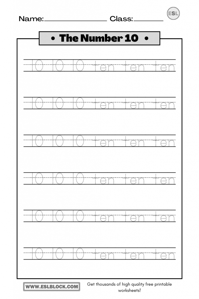 Tracing Number 10 Worksheets English as a Second Language