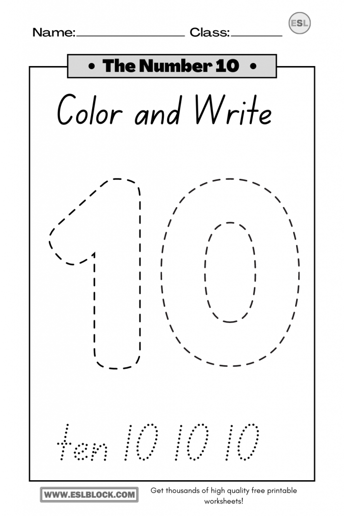 Tracing Number 10 Worksheets – English as a Second Language