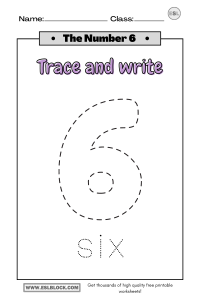 Tracing Number 6 Worksheets - English as a Second Language