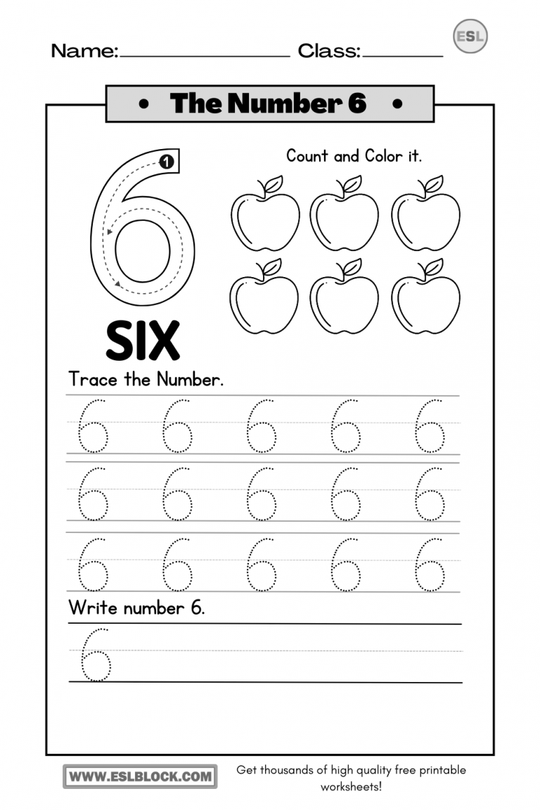 Tracing Number 6 Worksheets - English as a Second Language