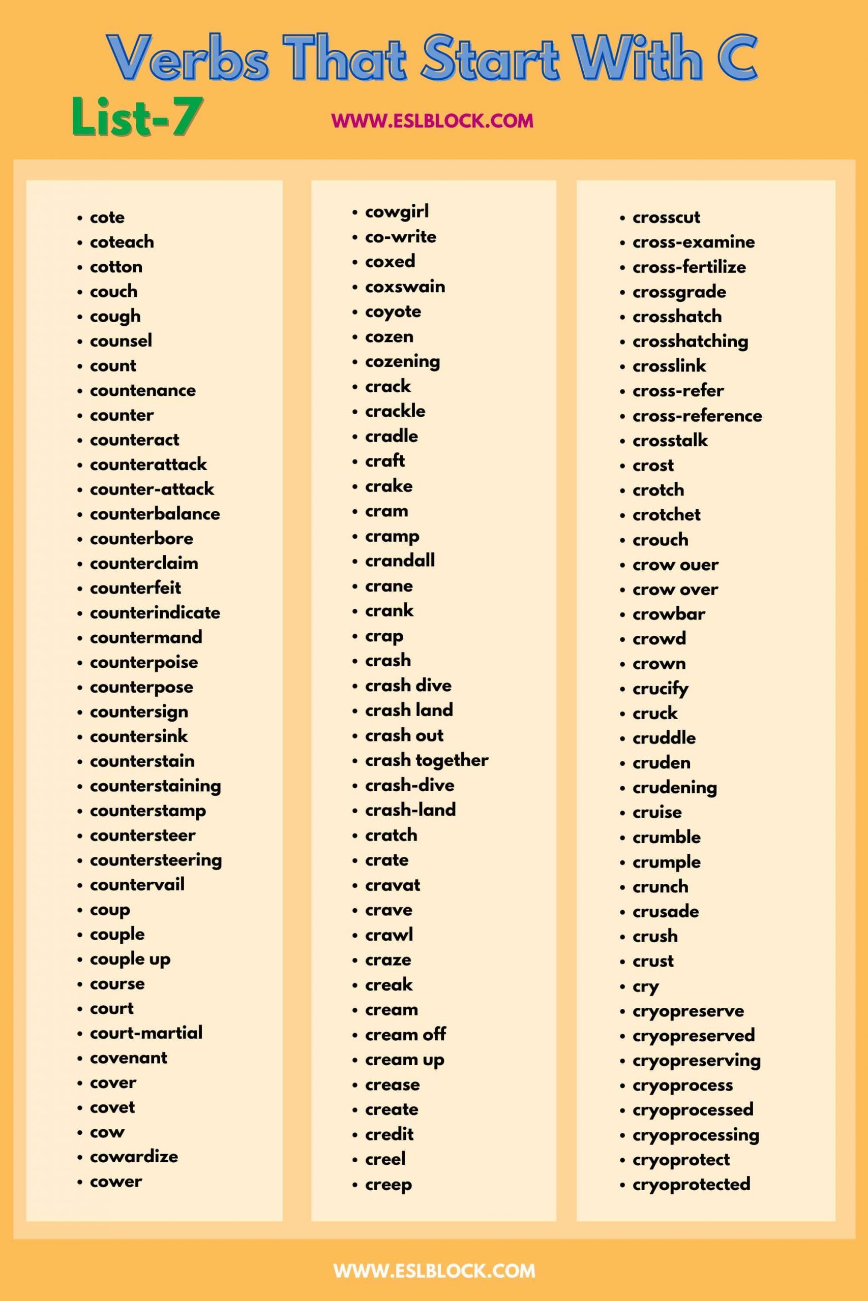 4 Letter Verbs, 5 Letter Verbs Starting With C, Action Words, Action Words That Start With C, C Action Words, C Verbs, C Verbs in English, English, English Grammar, English Vocabulary, English Words, List of Verbs That Start With C, Verbs List, Verbs That Start With C, Vocabulary, Words That Start With C