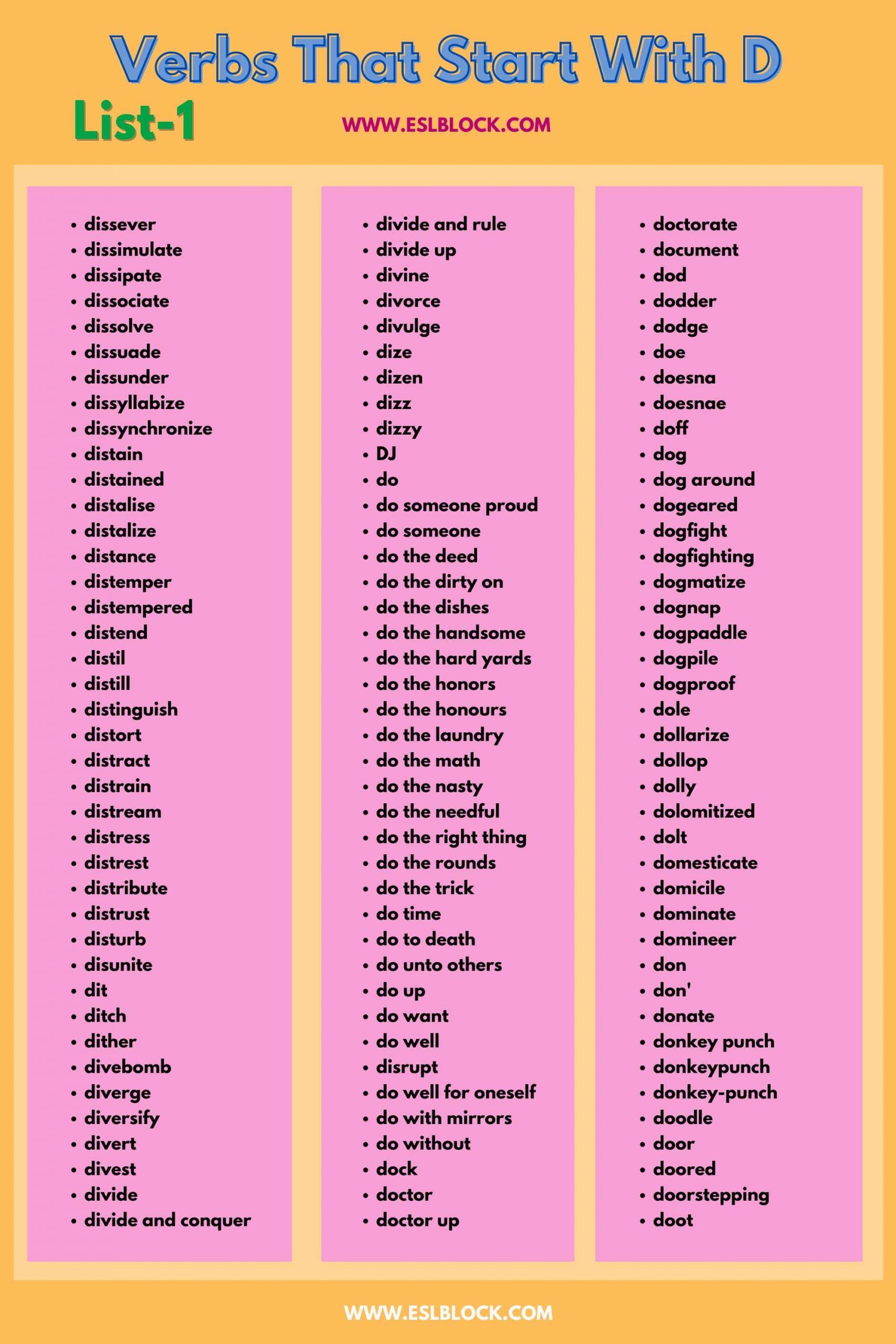 4 Letter Verbs, 5 Letter Verbs Starting With D, Action Words, Action Words That Start With D, D Action Words, D Verbs, D Verbs in English, English, English Grammar, English Vocabulary, English Words, List of Verbs That Start With D, Verbs List, Verbs That Start With D, Vocabulary, Words That Start With D