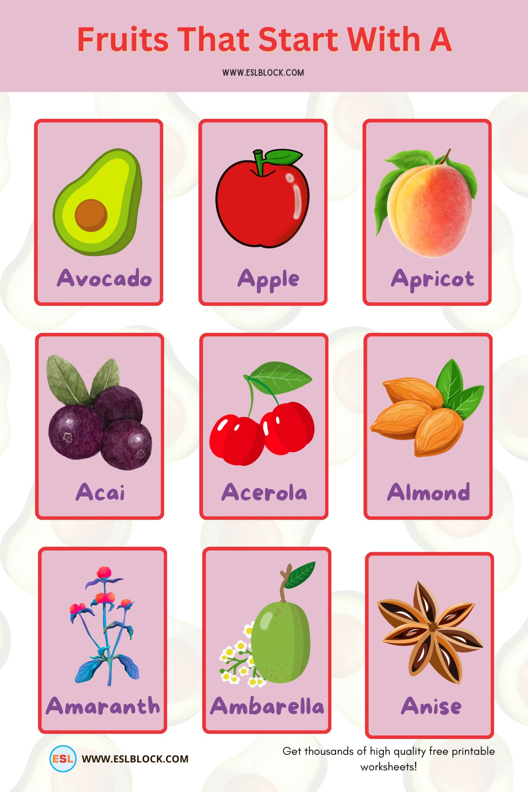 In this article, I will be providing you a list of fruits that start with A in the English language vocabulary.