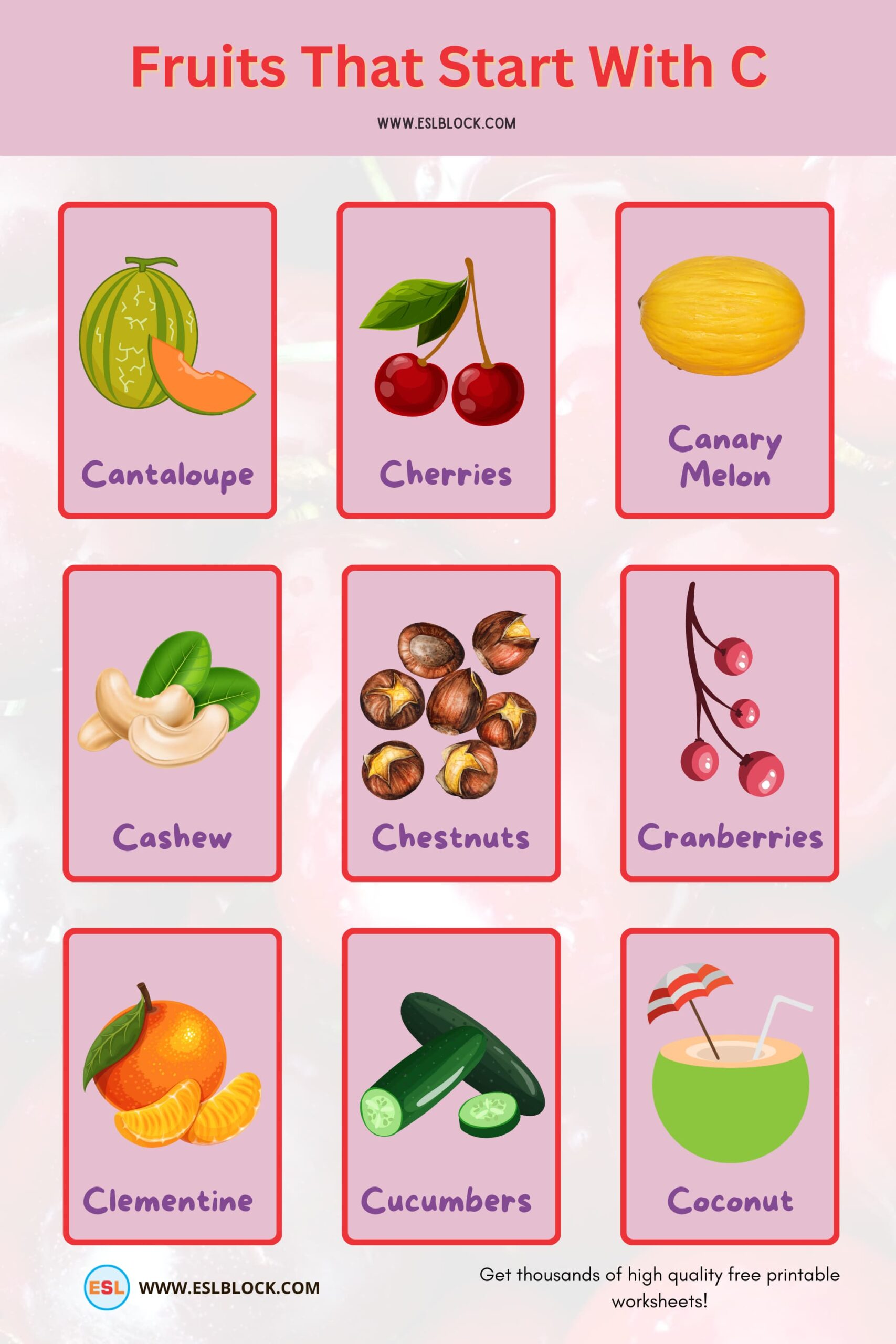 A to Z Fruits Names, Animals, English, English Nouns, English Vocabulary, English Words, Fruits List, Fruits Names, List of Fruits, Nouns, Vocabulary, Fruits that start with C 1