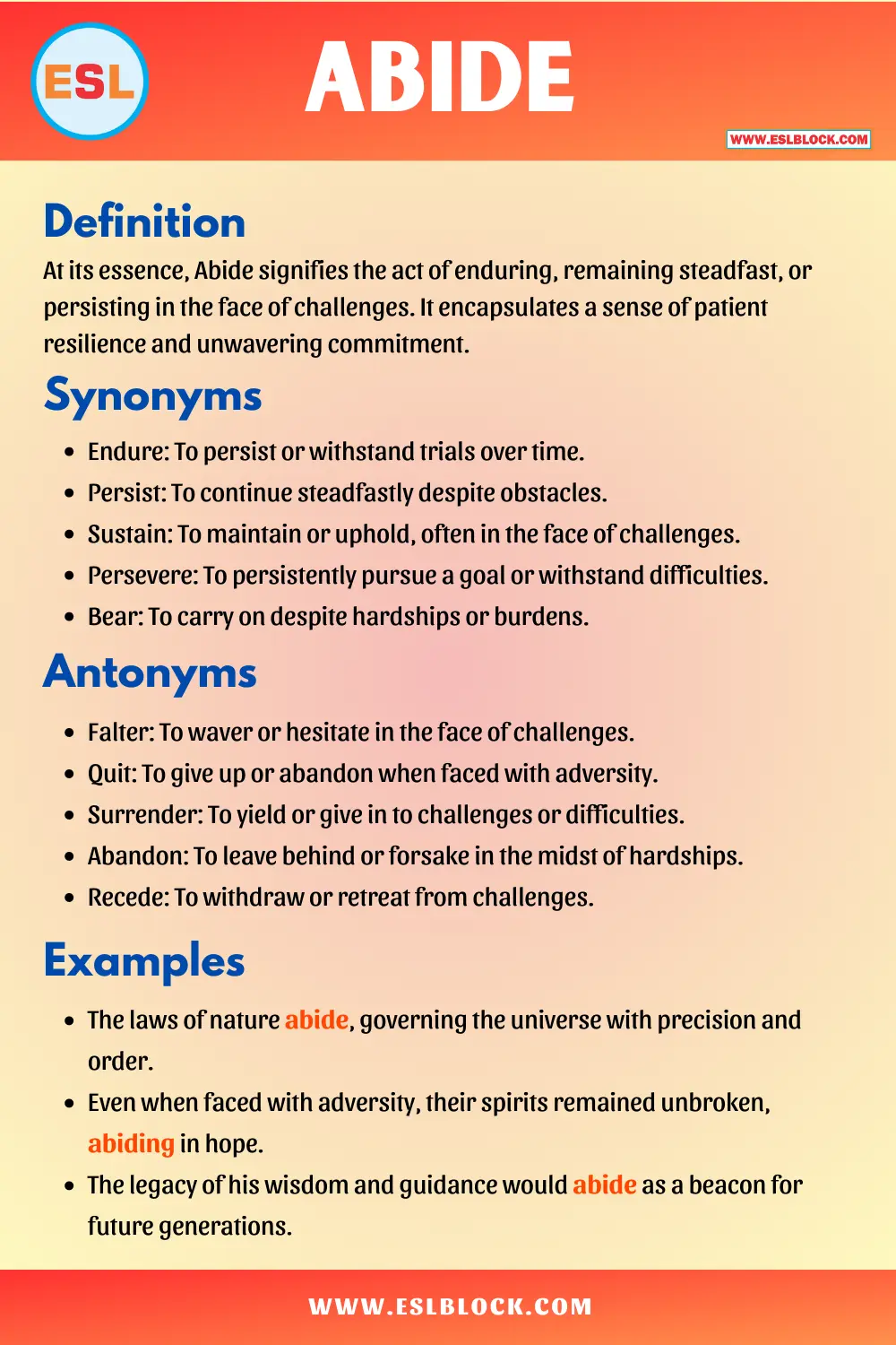 Abide Synonyms, Antonyms, Meaning, Definition