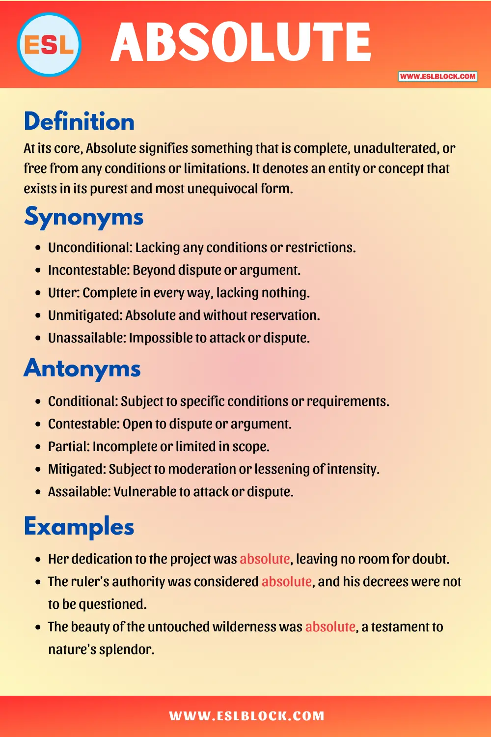 Absolute Synonyms, Antonyms, Meaning, Definition