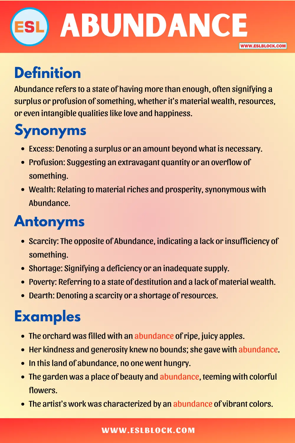Abundance Synonyms, Antonyms, Meaning, Definition