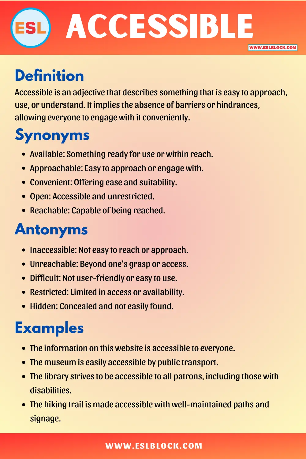 Accessible Synonyms, Antonyms, Meaning, Definition