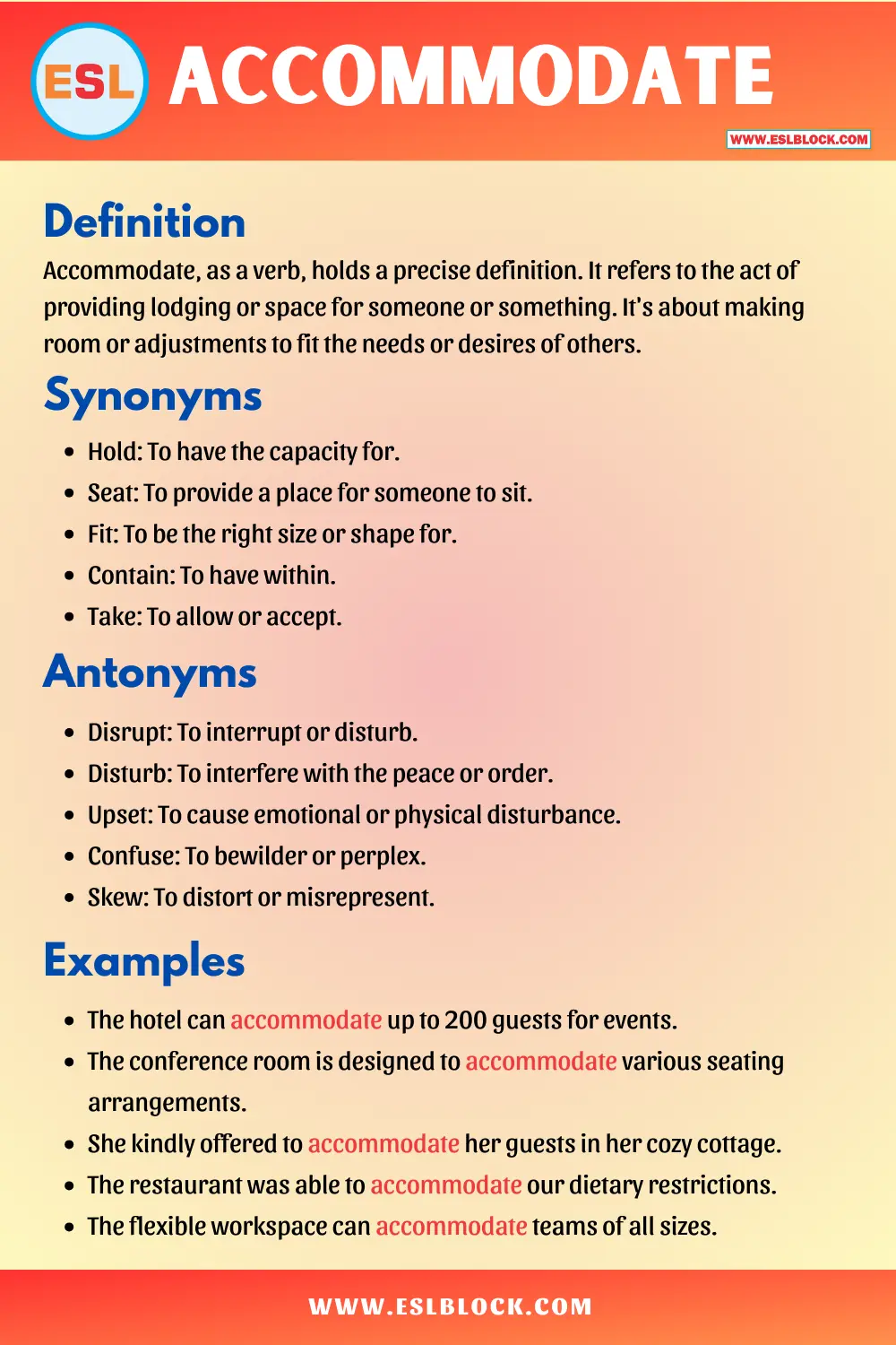 Accommodate Synonyms, Antonyms, Meaning, Definition