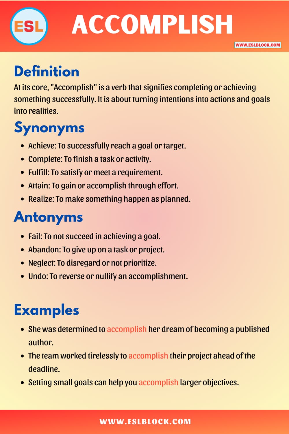 Accomplish Synonyms, Antonyms, Meaning, Definition