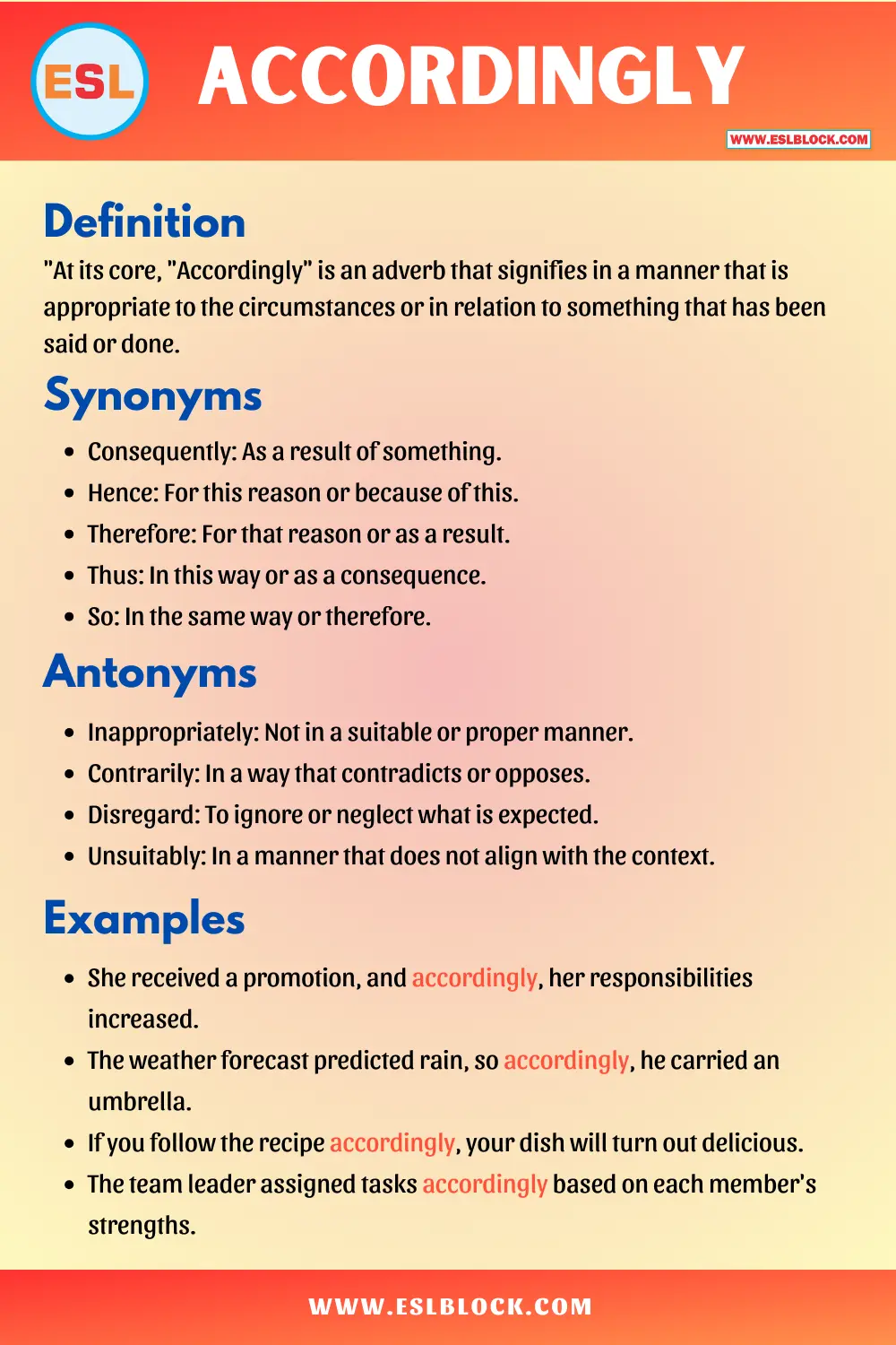 Accordingly Synonyms, Antonyms, Meaning, Definition