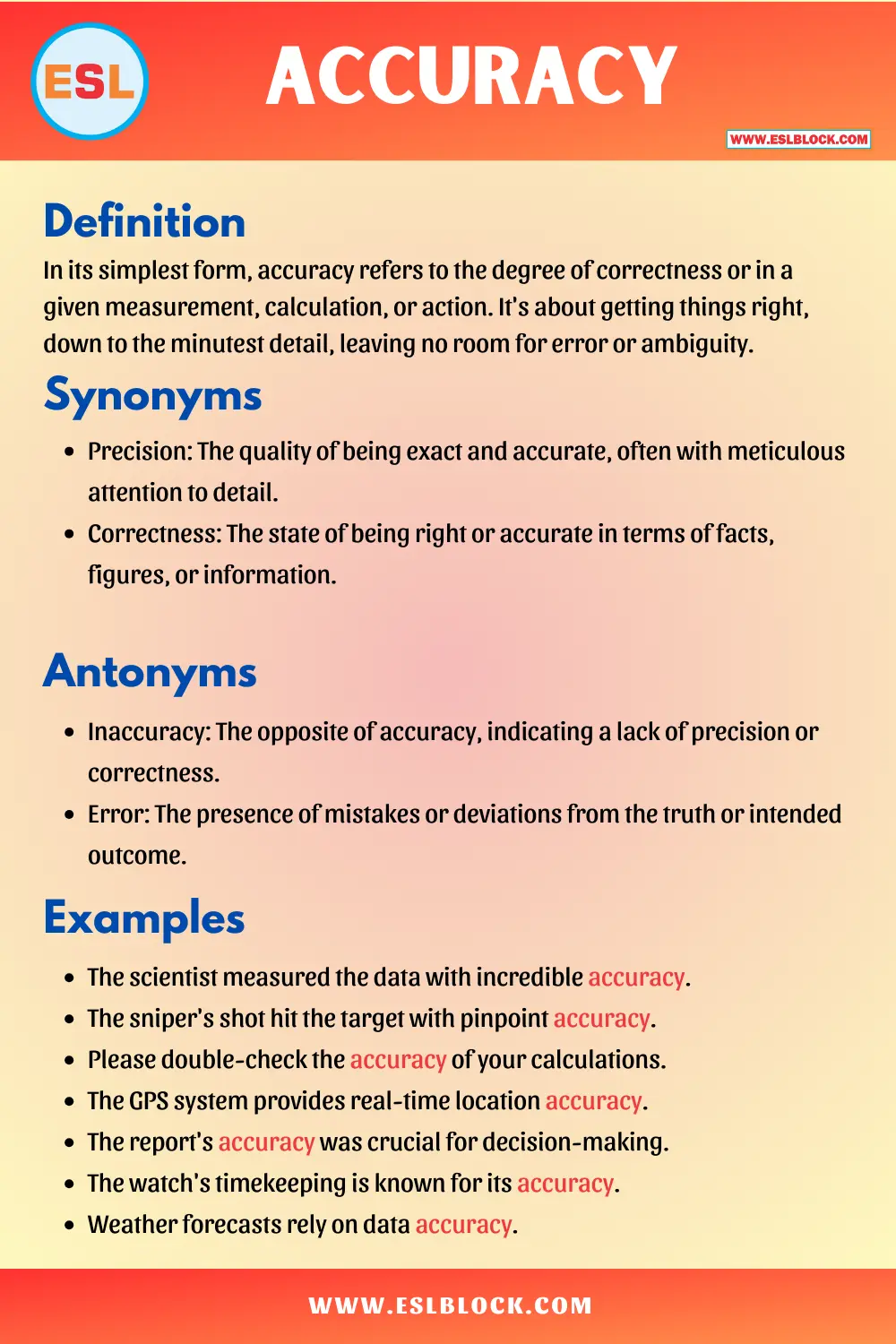 Accuracy Synonyms, Antonyms, Meaning, Definition