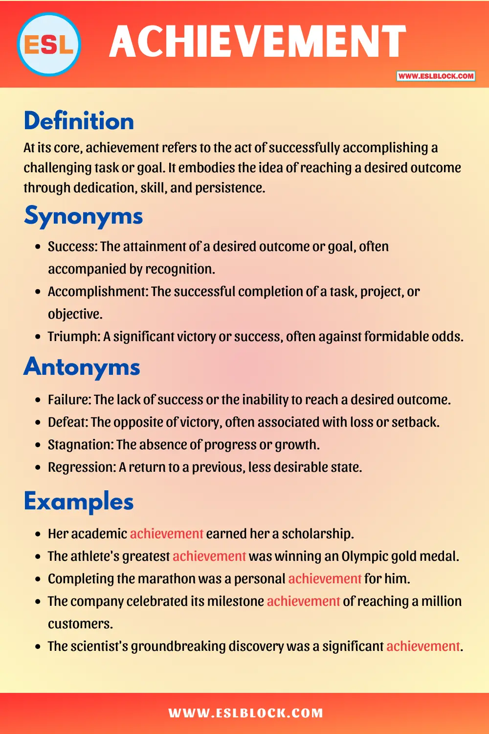 Achievement Synonyms, Antonyms, Meaning, Definition