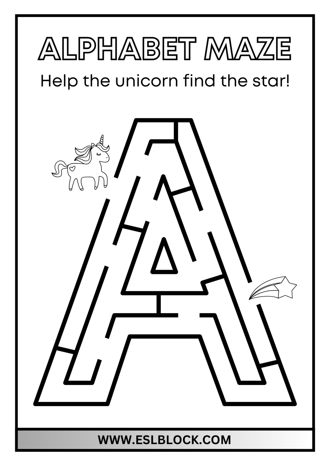Unicorn Uppercase Alphabet Maze Worksheets