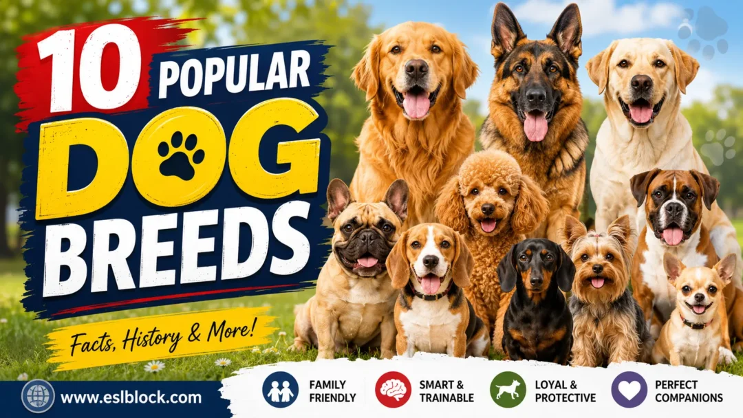 Popular dog breeds infographic featuring Golden Retriever, German Shepherd, Labrador Retriever, Beagle, and Poodle.