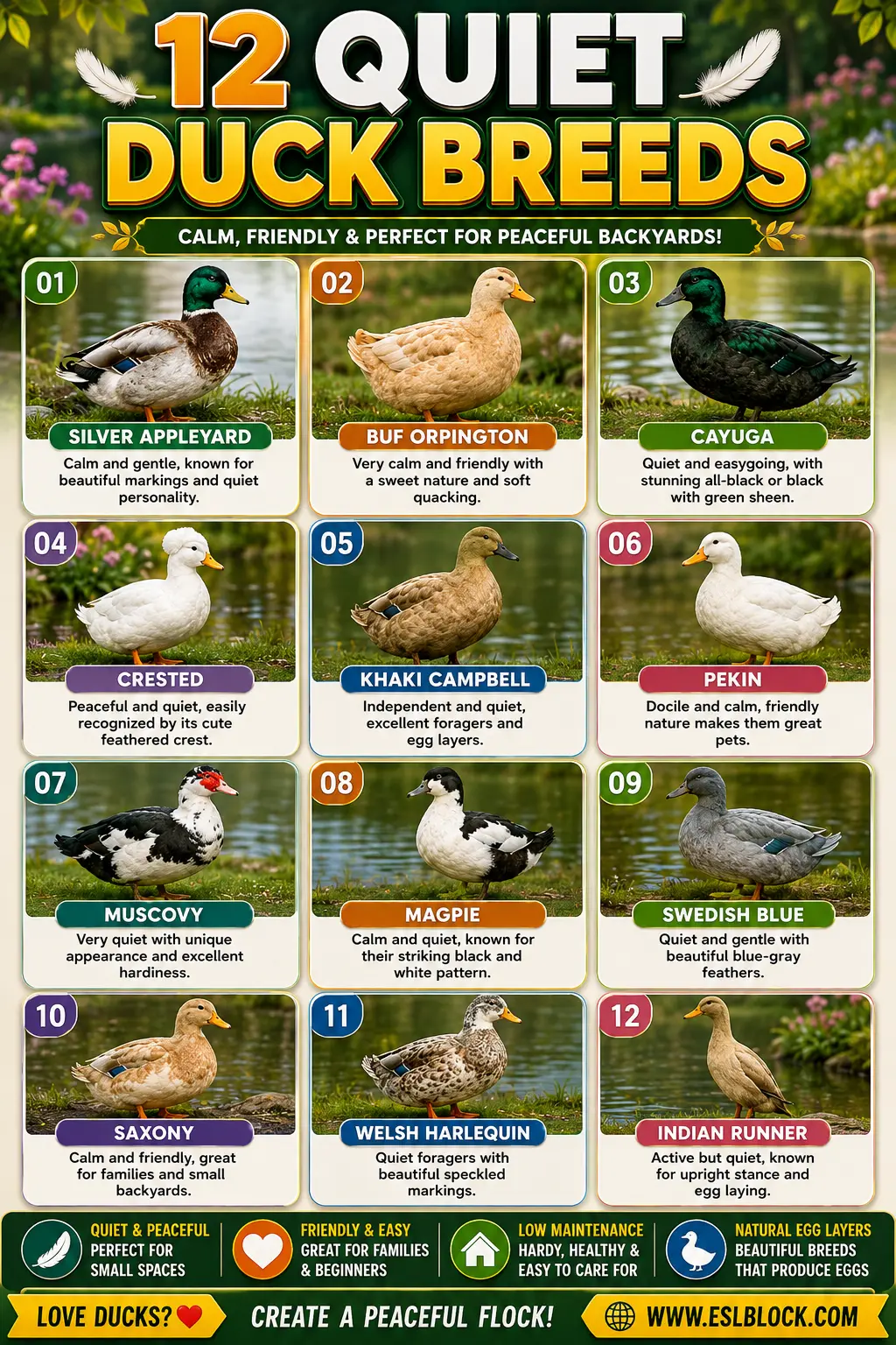 Colorful Pinterest infographic featuring 12 quiet duck breeds with names, pictures, fun facts, and a Read More call-to-action.