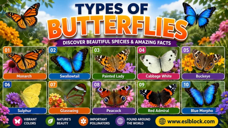 Infographic showing Monarch Butterfly, Blue Morpho, Swallowtail, Painted Lady, and Red Admiral butterflies.