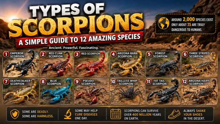 Types of scorpions chart showing 12 species including Emperor, Deathstalker, Arizona Bark, Blue, and Fat Tail Scorpion