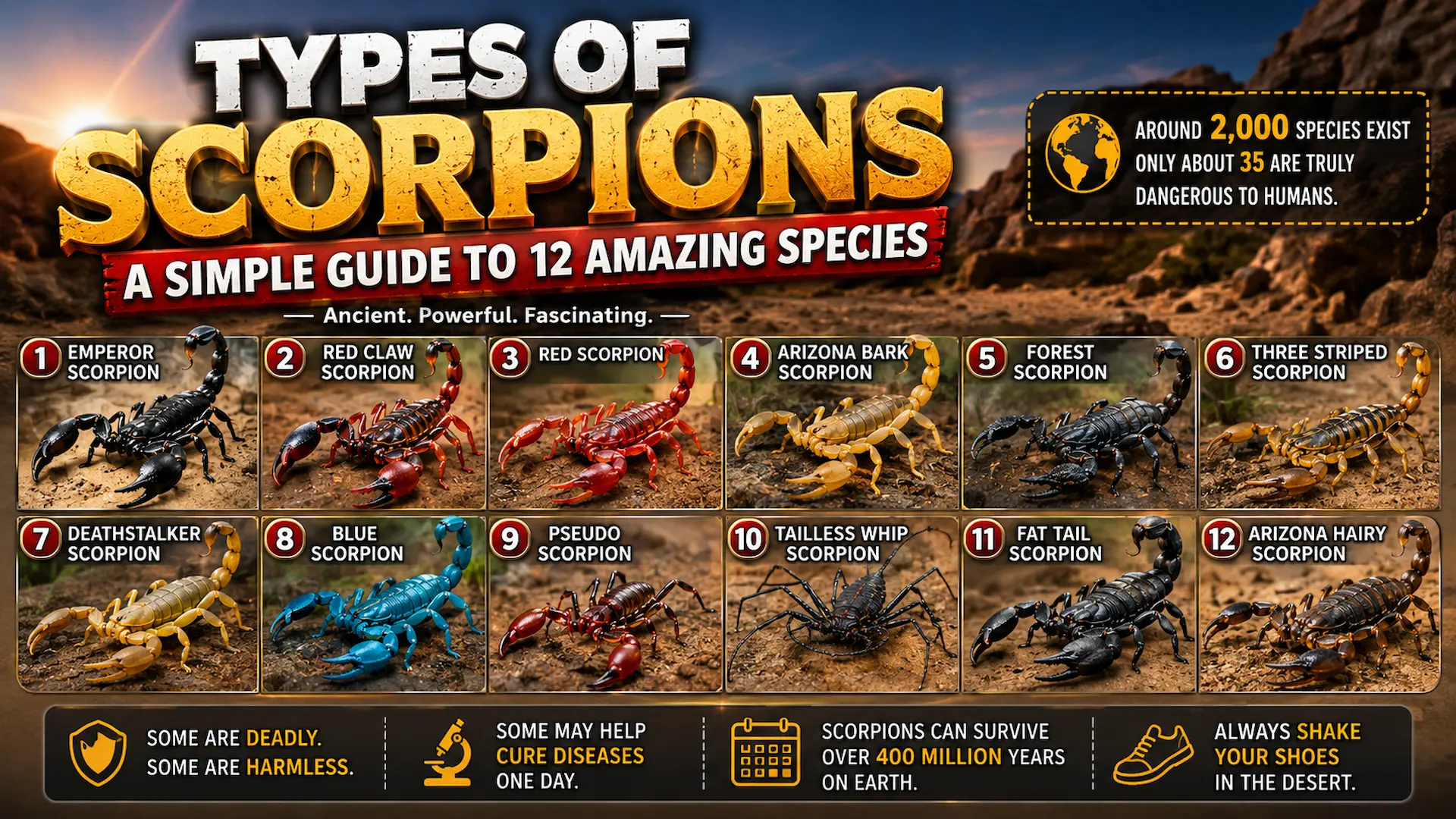 Types of scorpions chart showing 12 species including Emperor, Deathstalker, Arizona Bark, Blue, and Fat Tail Scorpion
