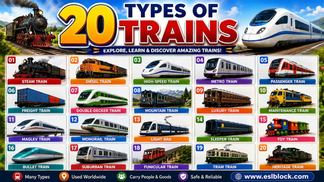 Infographic showing Steam Train, Bullet Train, Metro Train, Freight Train, and Monorail Train.