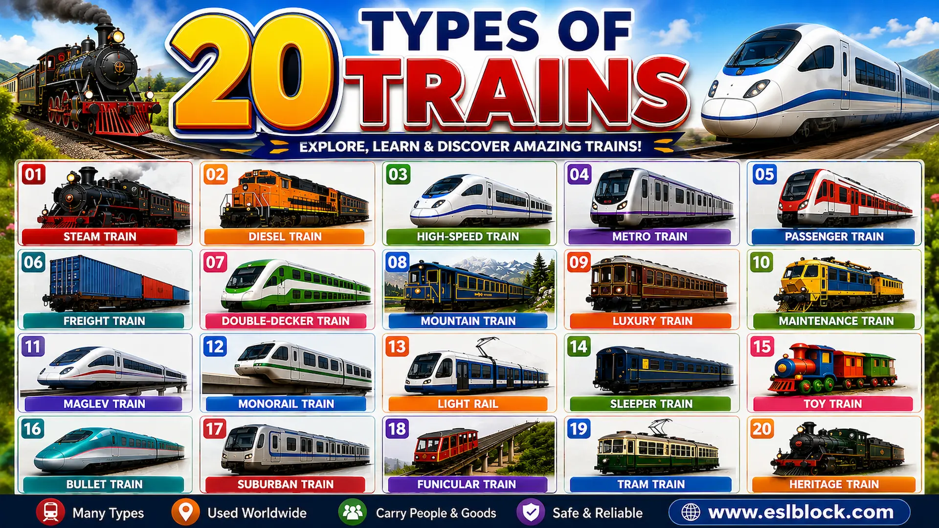 Infographic showing Steam Train, Bullet Train, Metro Train, Freight Train, and Monorail Train.