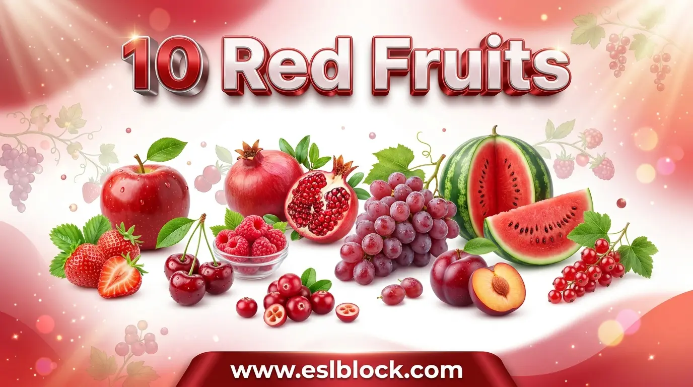 Infographic of 10 red fruits featuring apple, strawberry, cherry, raspberry, cranberry, pomegranate, red grape, watermelon, red plum, and red currant.