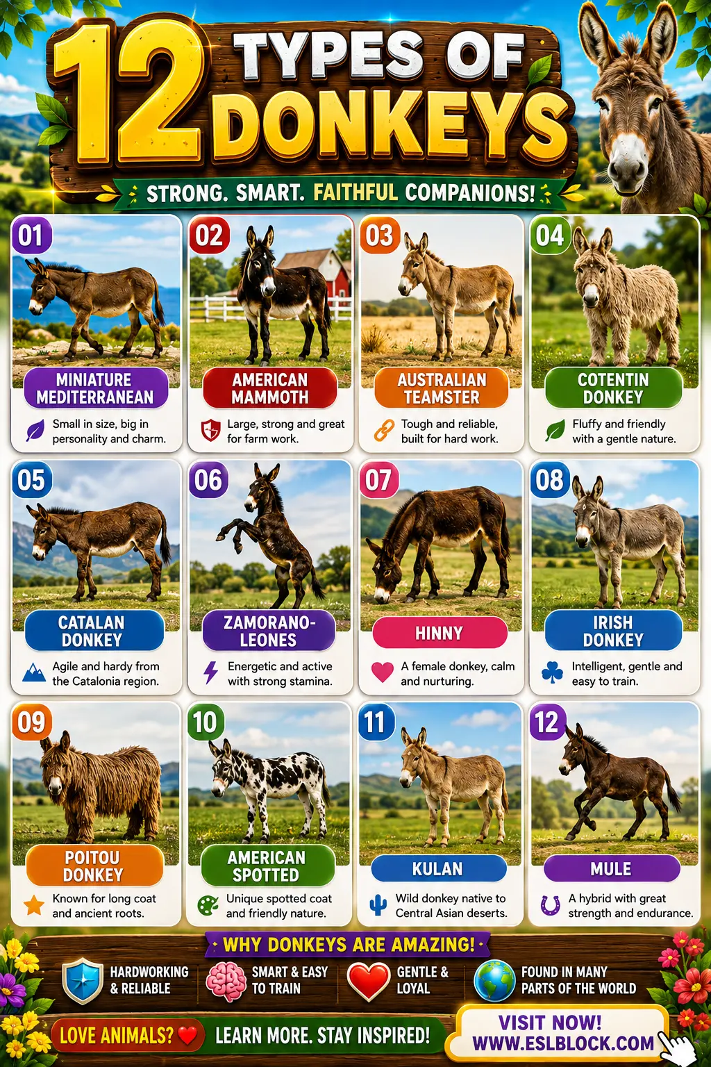 Pinterest infographic featuring 12 types of donkeys with colorful illustrations, easy facts, and a Read More call-to-action.