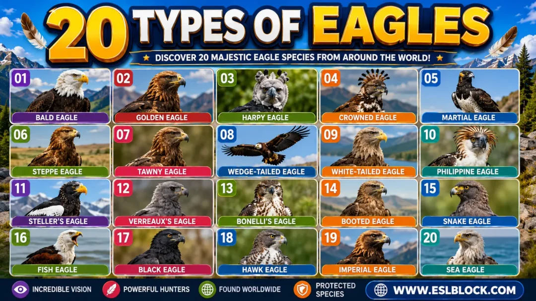 Infographic showing Bald Eagle, Golden Eagle, Harpy Eagle, Philippine Eagle, and White-tailed Eagle.