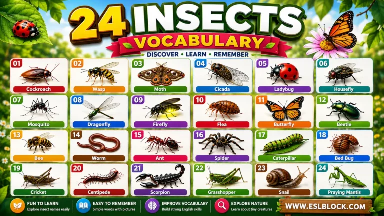 Infographic showing Cockroach, Butterfly, Dragonfly, Bee, and Ladybug insect vocabulary.
