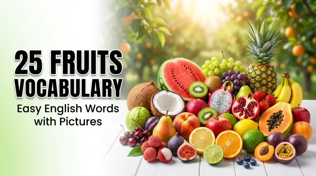 Infographic showing 25 fruits including apple, banana, grapes, and mango arranged in a colorful grid.