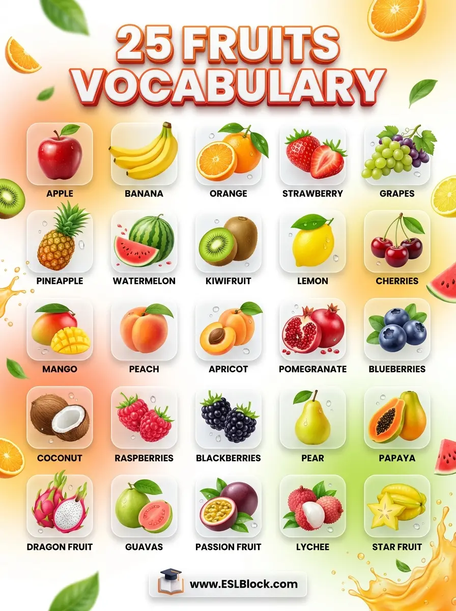 A visual reference chart highlighting 25 common fruits for English vocabulary learners.
