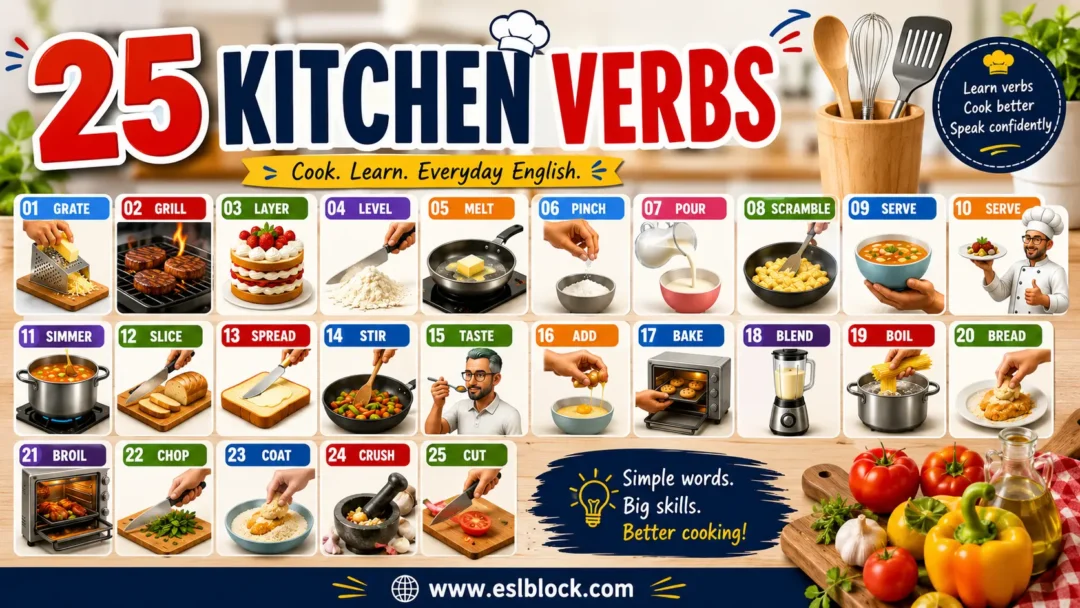Colorful infographic showing kitchen verbs including grate, grill, melt, stir, and fry.