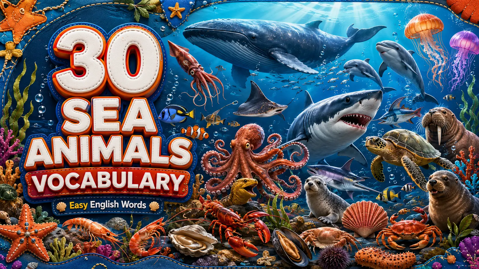 Infographic showing 30 sea animals including shark, dolphin, sea turtle, and octopus arranged in a colorful grid.