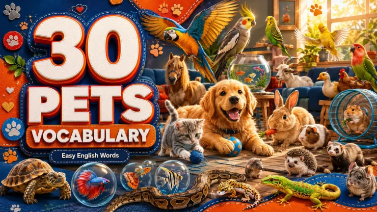 Colorful infographic featuring Dog, Cat, Rabbit, Parrot, and Goldfish with English names.