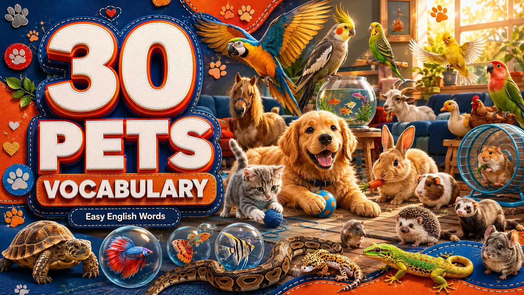 Colorful infographic featuring Dog, Cat, Rabbit, Parrot, and Goldfish with English names.