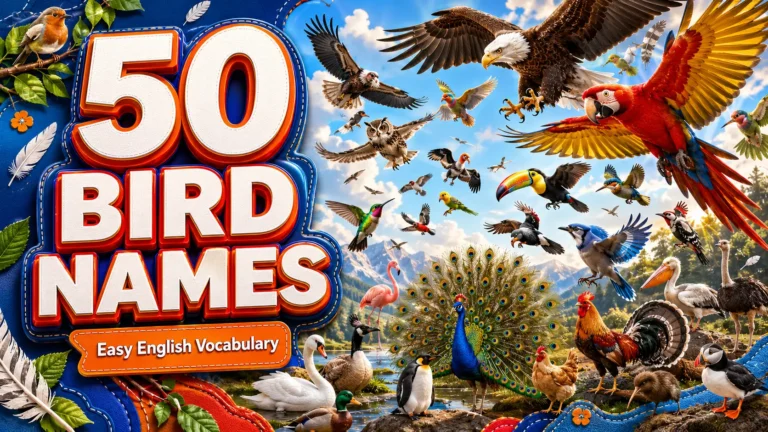 Infographic showing 50 birds including eagle, parrot, owl, and flamingo arranged in a colorful grid.