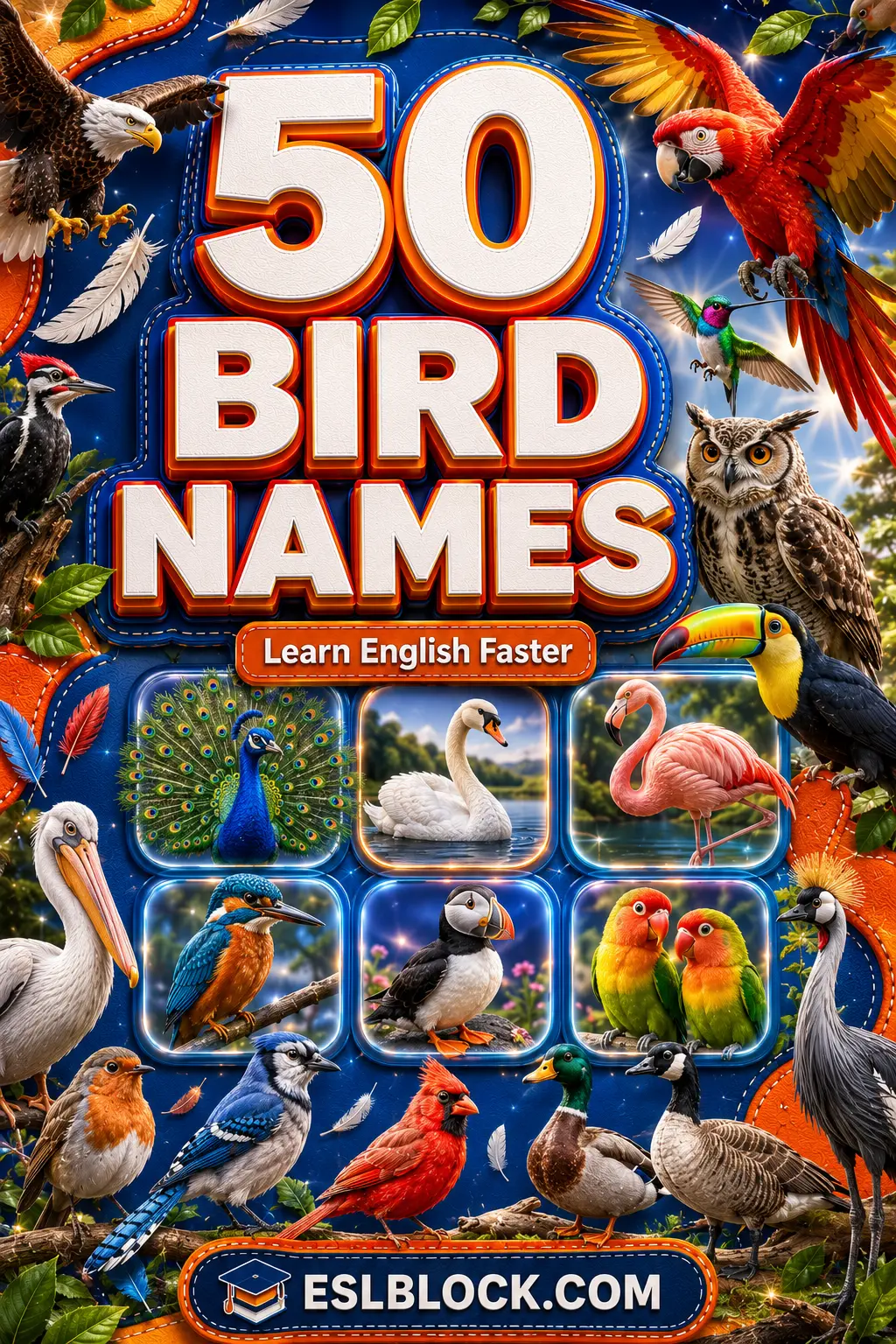 A visual reference chart highlighting 50 common birds for English vocabulary learners.