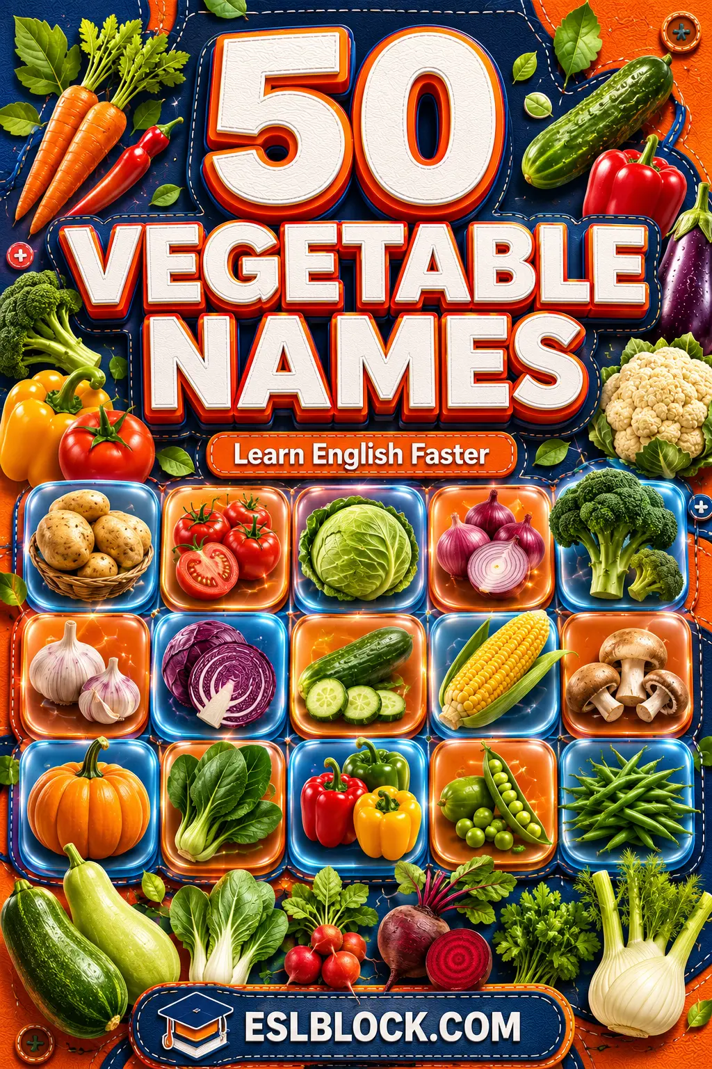 A visual reference chart highlighting 50 common vegetables for English vocabulary learners.