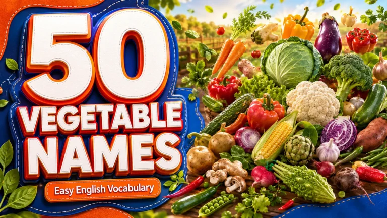 Infographic showing 50 vegetables including potato, onion, carrot, and broccoli arranged in a colorful grid.