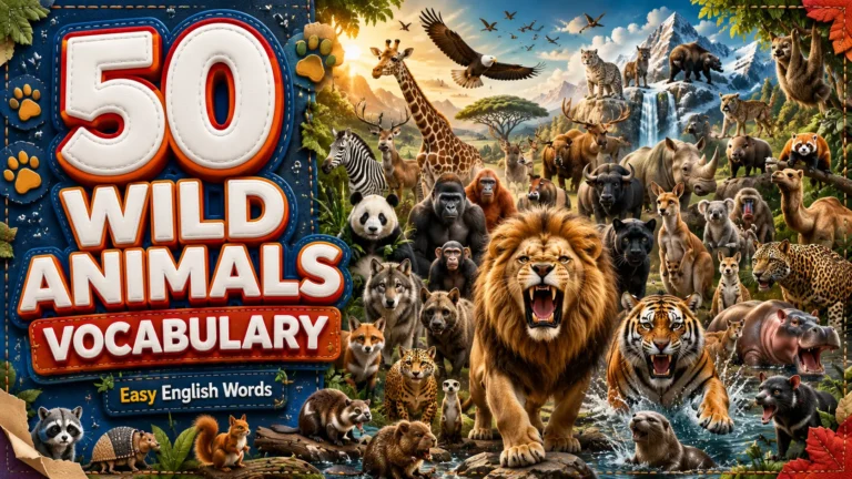 Infographic showing 50 wild animals including lion, tiger, elephant, and giraffe arranged in a colorful grid.
