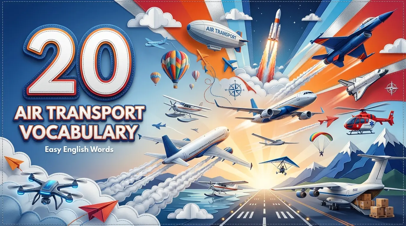 Infographic showing 20 air transport vehicles including airplane, helicopter, hot air balloon, and space shuttle arranged in a colorful grid.