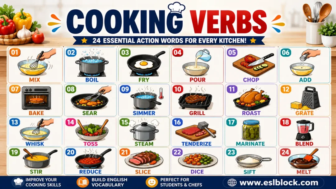 Infographic showing cooking verbs including Mix, Boil, Fry, Chop, Bake, and Grill.